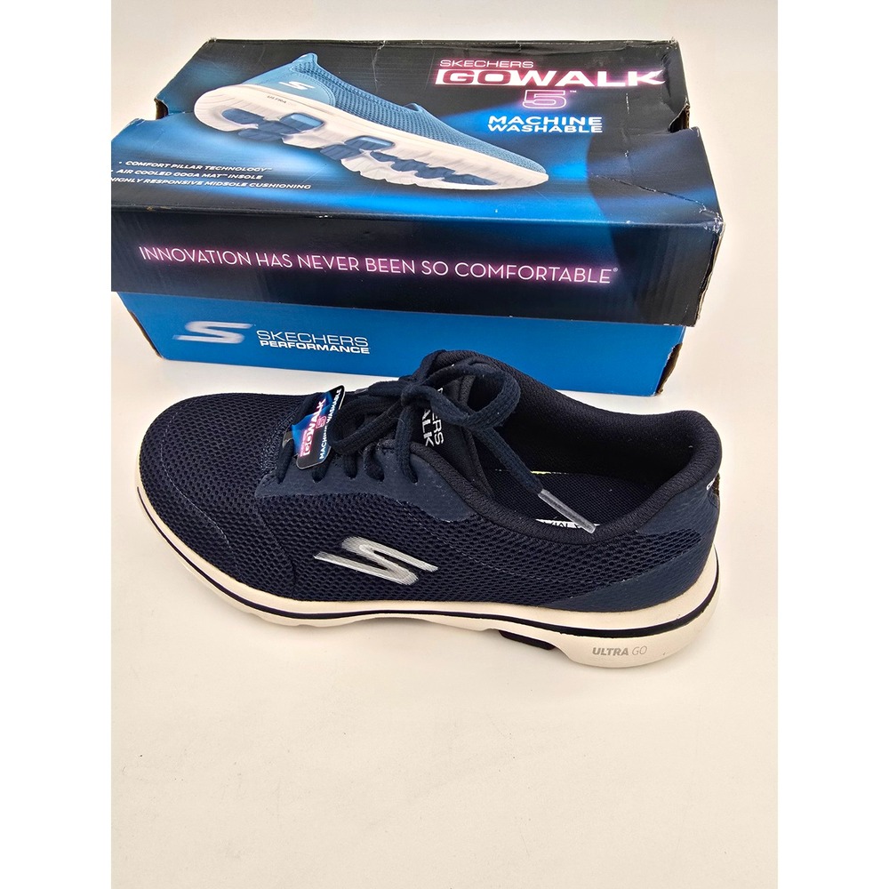 SKECHERS GOwalk 5 size 6.5 Washable womens Lace-Up Mesh Sneaker Navy/White 15902